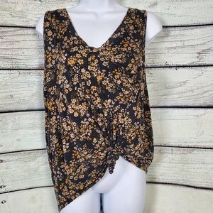 Maurices 24/7 Black Yellow Floral Knot Front Tank Top Women’s Large